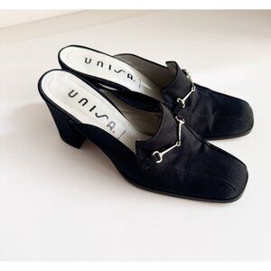 Vintage Unisa Black Satin Horsebit Detail Block Heel Slides 7.5B